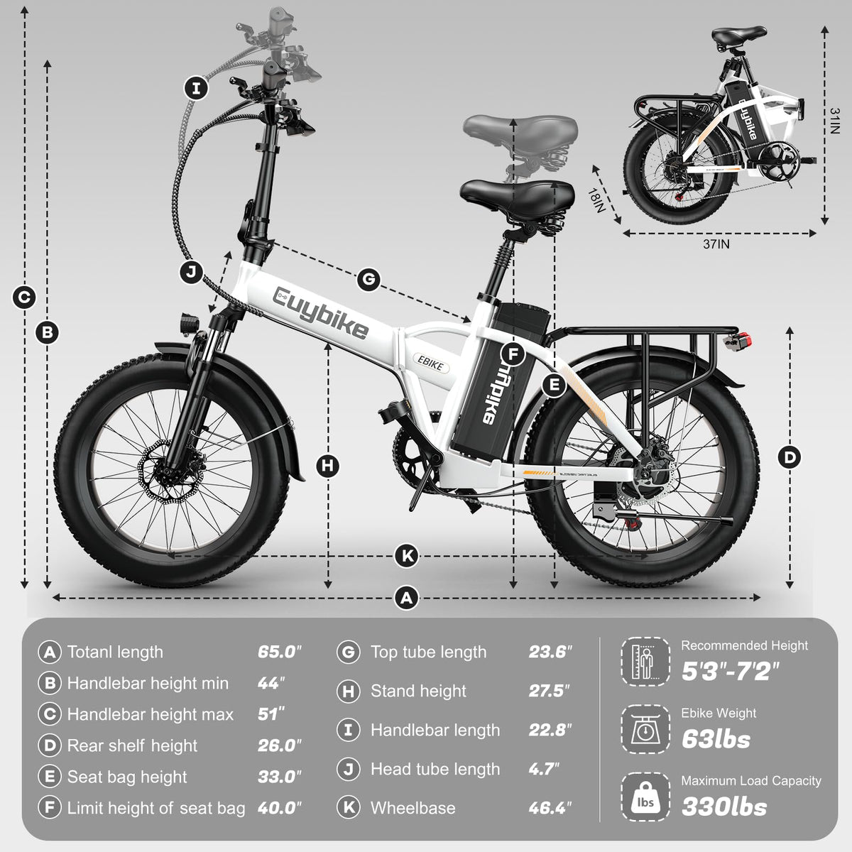 EUYBIKE Foldable Electric Bike for Adults, 48V 20Ah Removable Battery up to 80Miles, 20" Fat Tire 1000W Dirt Ebike