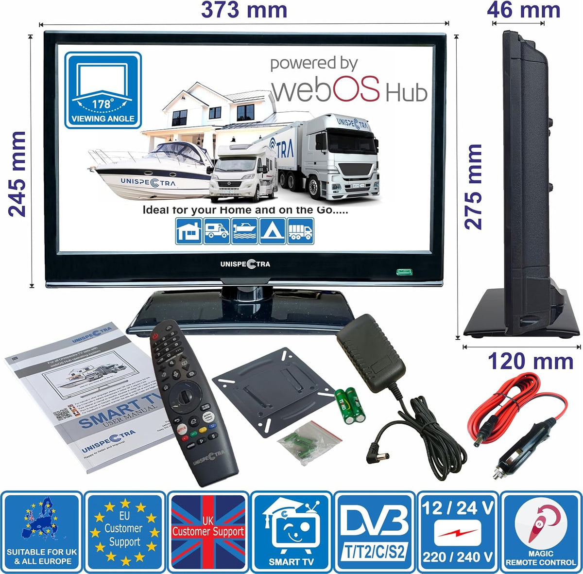 Unispectra ® 16" Smart TV (webOS) 12V Full HD LED 230v 24v Triple Tuner: Satellite, Terrestrial, cable. HDMI USB Telecomando magico TV 12V for camper, caravan, furgone, boat