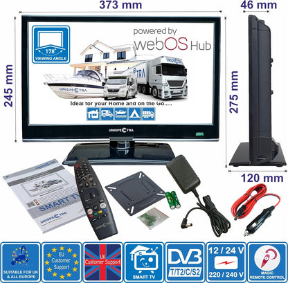 Unispectra ® 16" Smart TV (webOS) 12V Full HD LED 230v 24v Triple Tuner: Satellite, Terrestrial, cable. HDMI USB Telecomando magico TV 12V for camper, caravan, furgone, boat