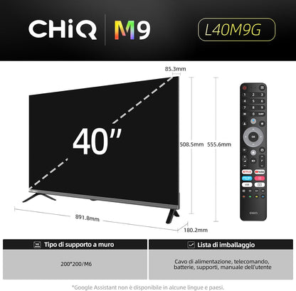 CHiQ TV 40 Inch (100cm) L40M9G, Smart TV, FHD, Google TV, HDR10, DVB-T2, Dolby Audio, Built-in Chromecast, HDMI*3, Frameless in Metal 2025