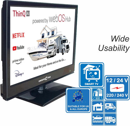 Unispectra ® 16" Smart TV (webOS) 12V Full HD LED 230v 24v Triple Tuner: Satellite, Terrestrial, cable. HDMI USB Telecomando magico TV 12V for camper, caravan, furgone, boat