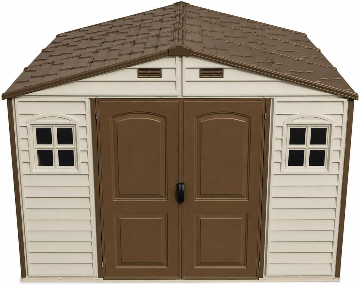 10 x 8 ft Outdoor Plastic Garden Storage Shed with Double Doors, Windows & Metal Foundation Kit