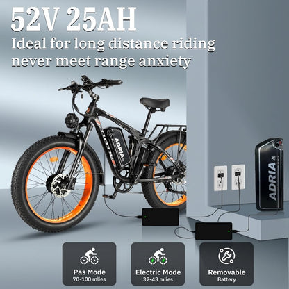 Adria26 Peak 5000W/6000W Dual Motor Ebike, 40-46MPH Electric Bike for Adults, 26" x 4" Fat Tire Electric Mountain Bike