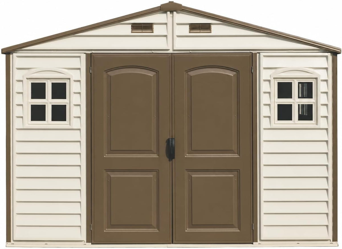 10 x 8 ft Outdoor Plastic Garden Storage Shed with Double Doors, Windows & Metal Foundation Kit