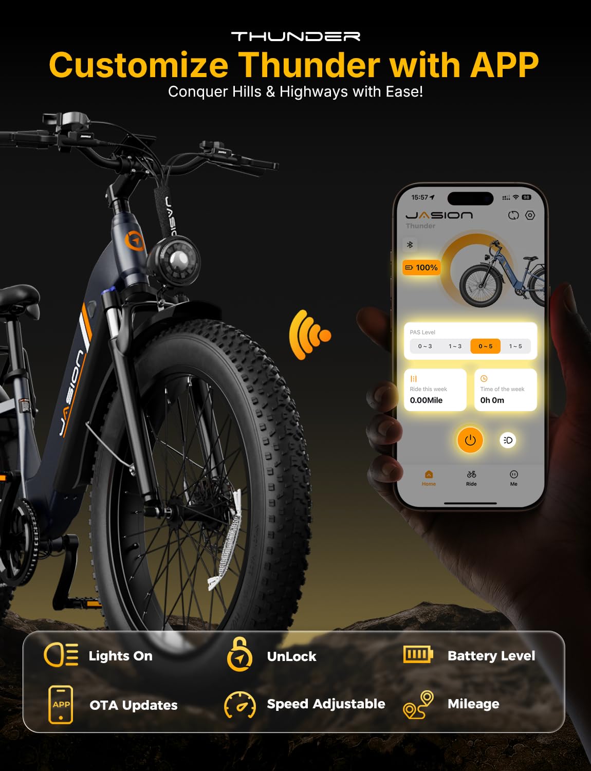 Jasion Thunder Electric Bike for Adults,1800W Peak Fat Tire E Bikes,26''x 4'',80 Miles with 864Wh Removable Battery Ebike
