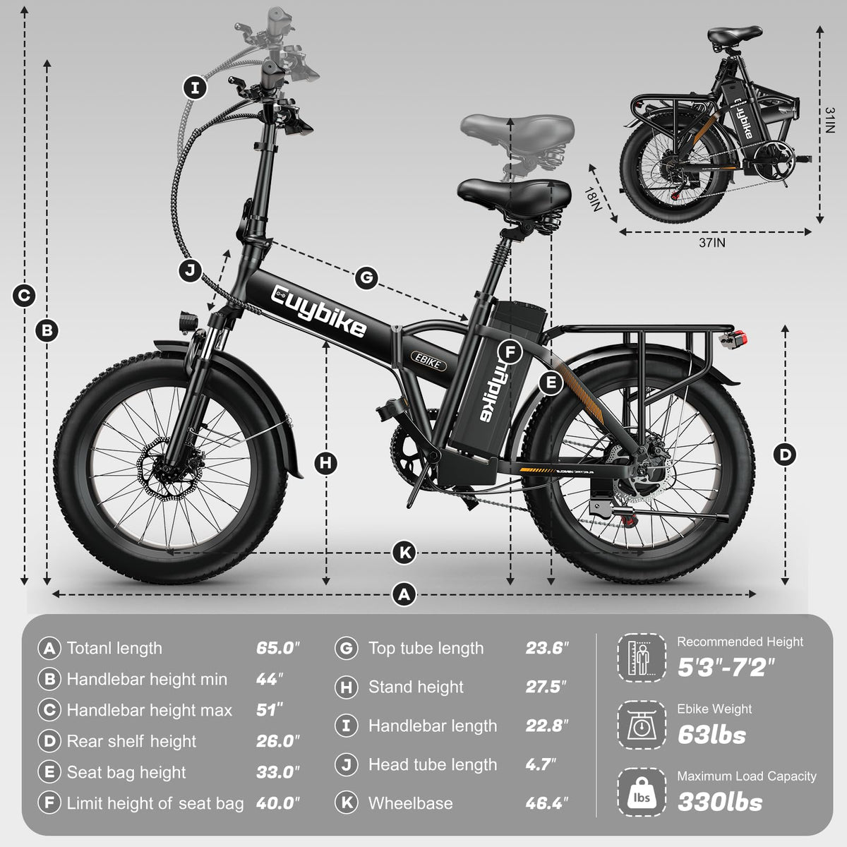 EUYBIKE Foldable Electric Bike for Adults, 48V 20Ah Removable Battery up to 80Miles, 20" Fat Tire 1000W Dirt Ebike