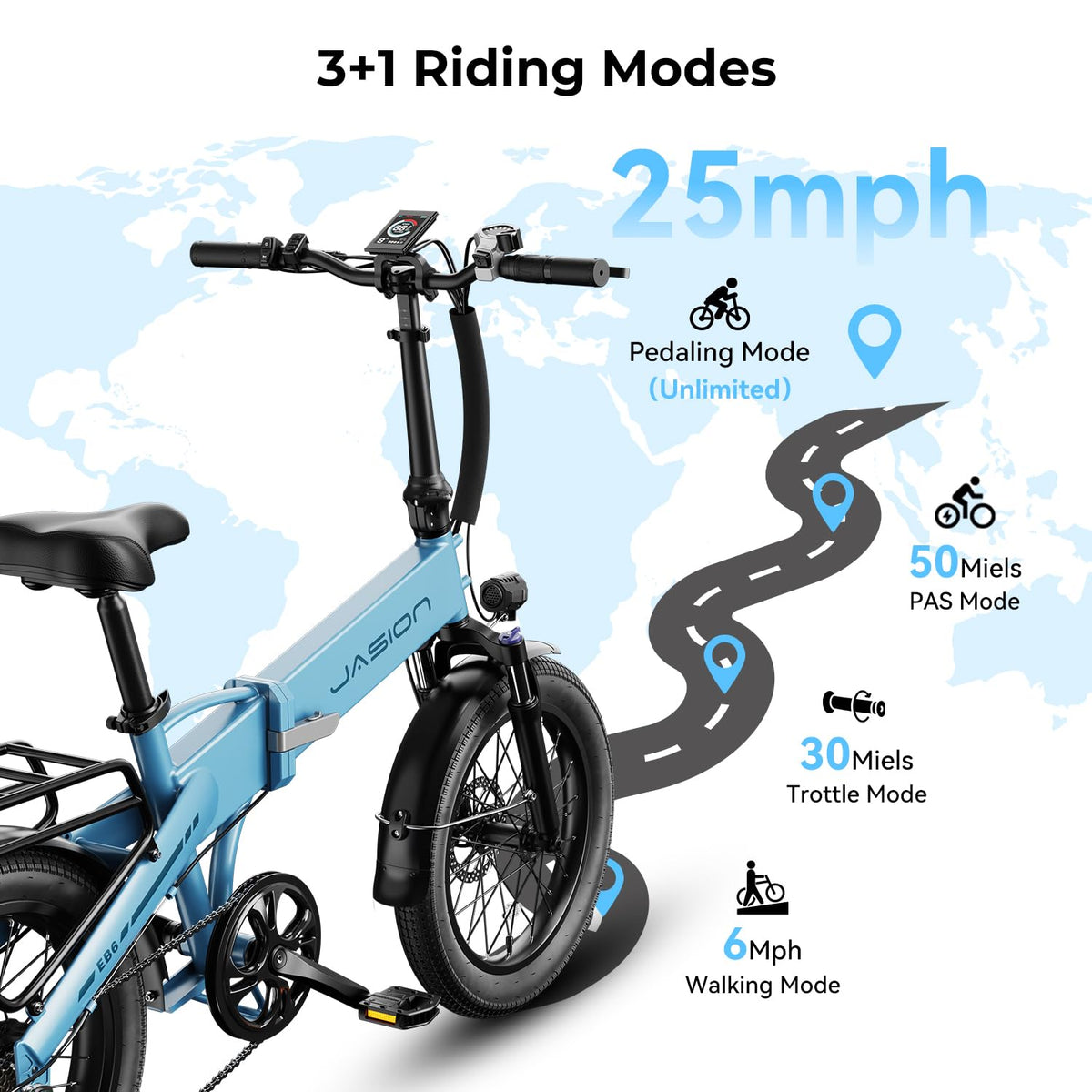 Jasion EB6 Foldable Electric Bike for Adults, 1200W Peak Motor 25 MPH EBike