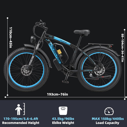 KAIJIELAISI Electric Bike for Adults AWD Ebike Dual Motor 4000W Peak 26'' Fat Tire Ebikes with 48V 22.4AH Battery