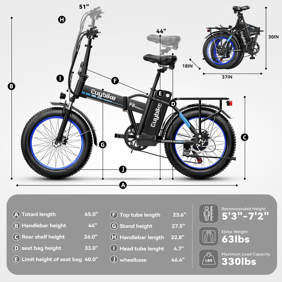 EUYBIKE Foldable Electric Bike for Adults, 48V 20Ah Removable Battery
