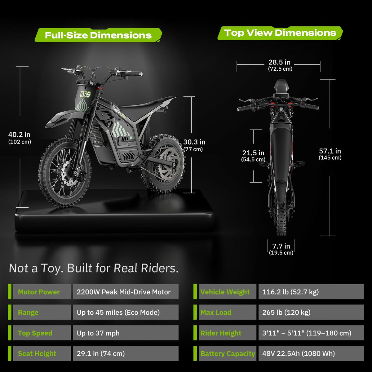 Windone RS5 Electric Dirt Bike for Teens & Adults (13+), Up to 37 MPH, 45 Miles Range, 2200W Peak Motor