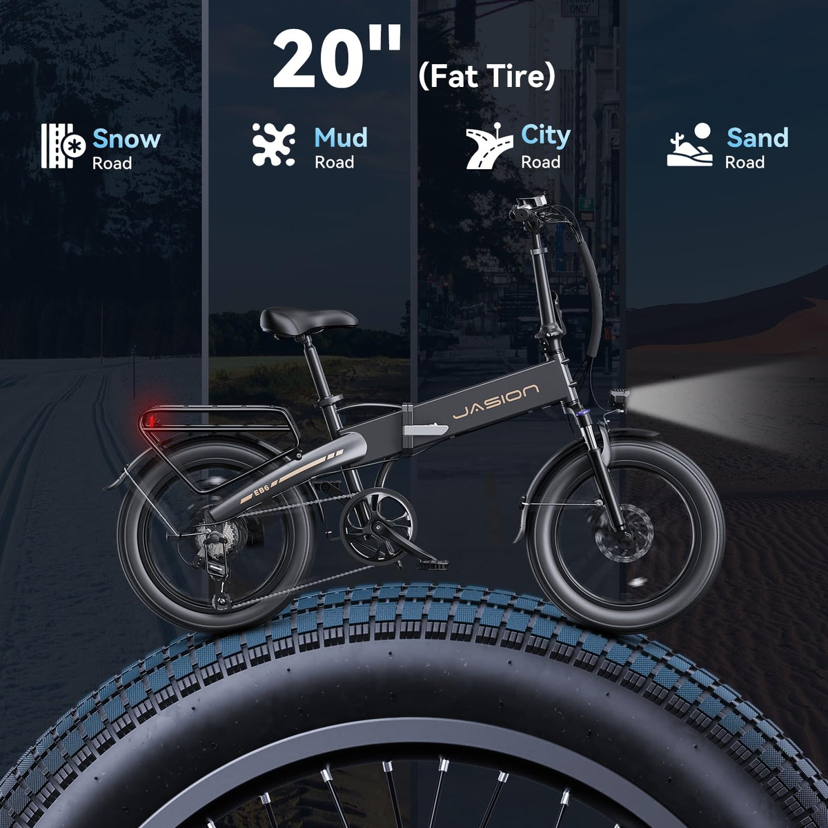 Jasion EB6 Foldable Electric Bike for Adults, 1200W Peak Motor 25 MPH EBike