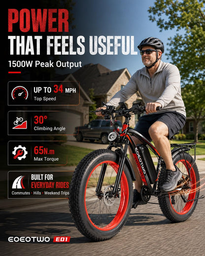EOEOTWO Electric Bike for Adults, 1500W Peak E-Bikes, 26" Fat Tire Ebikes