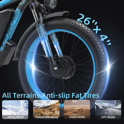 AWD Electric Bike for Adults, Peak 4000W Power 26” Fat Tire Ebike Dual Motor Electric Bicycles, 48V 22.4AH Removable Battery