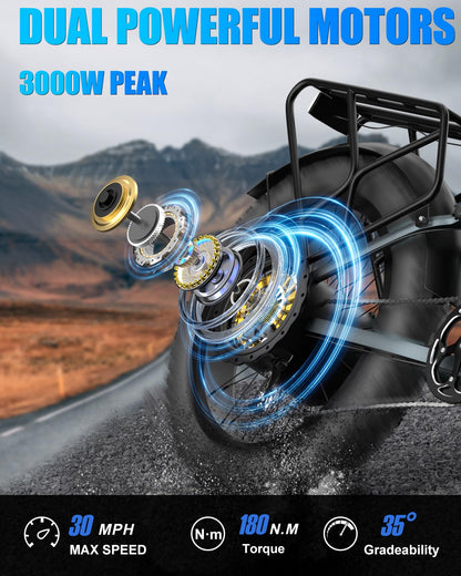 BIGUODIR 3000W Peak AWD Dual Motor Electric Bike for Adults Foldable