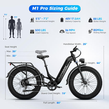 Aipas M1 Pro Electric Bike for Adults, 26 x 4 Fat Tires, 48V 17.5Ah Battery