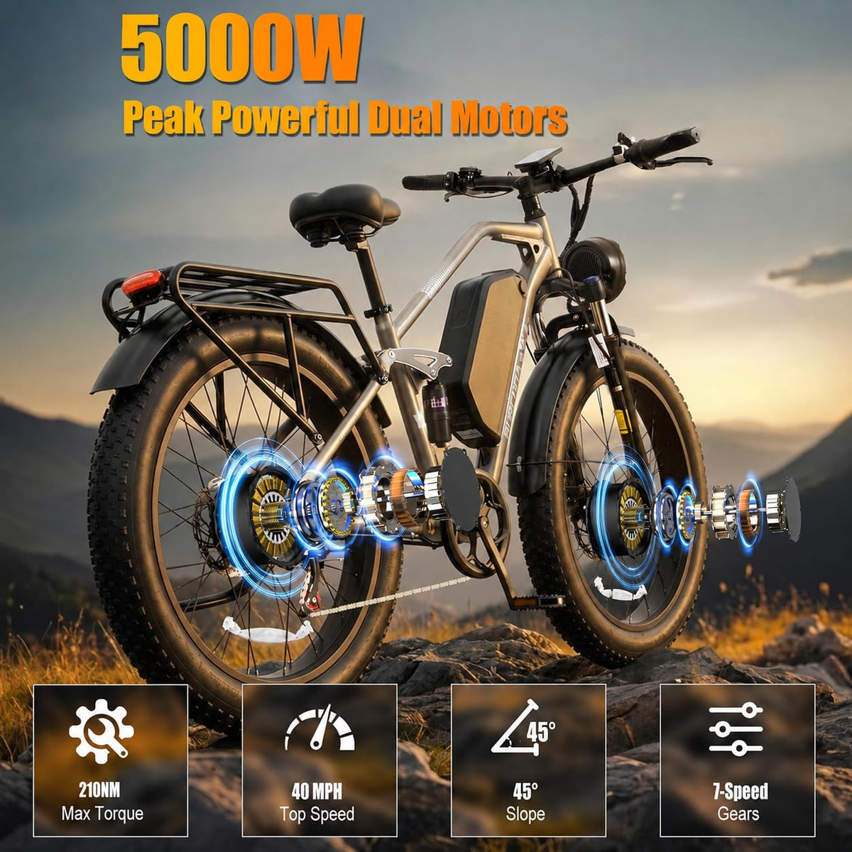 5000W Peak AWD Dual Motor Electric Bike for Adults Up to 90 Mi Long Range