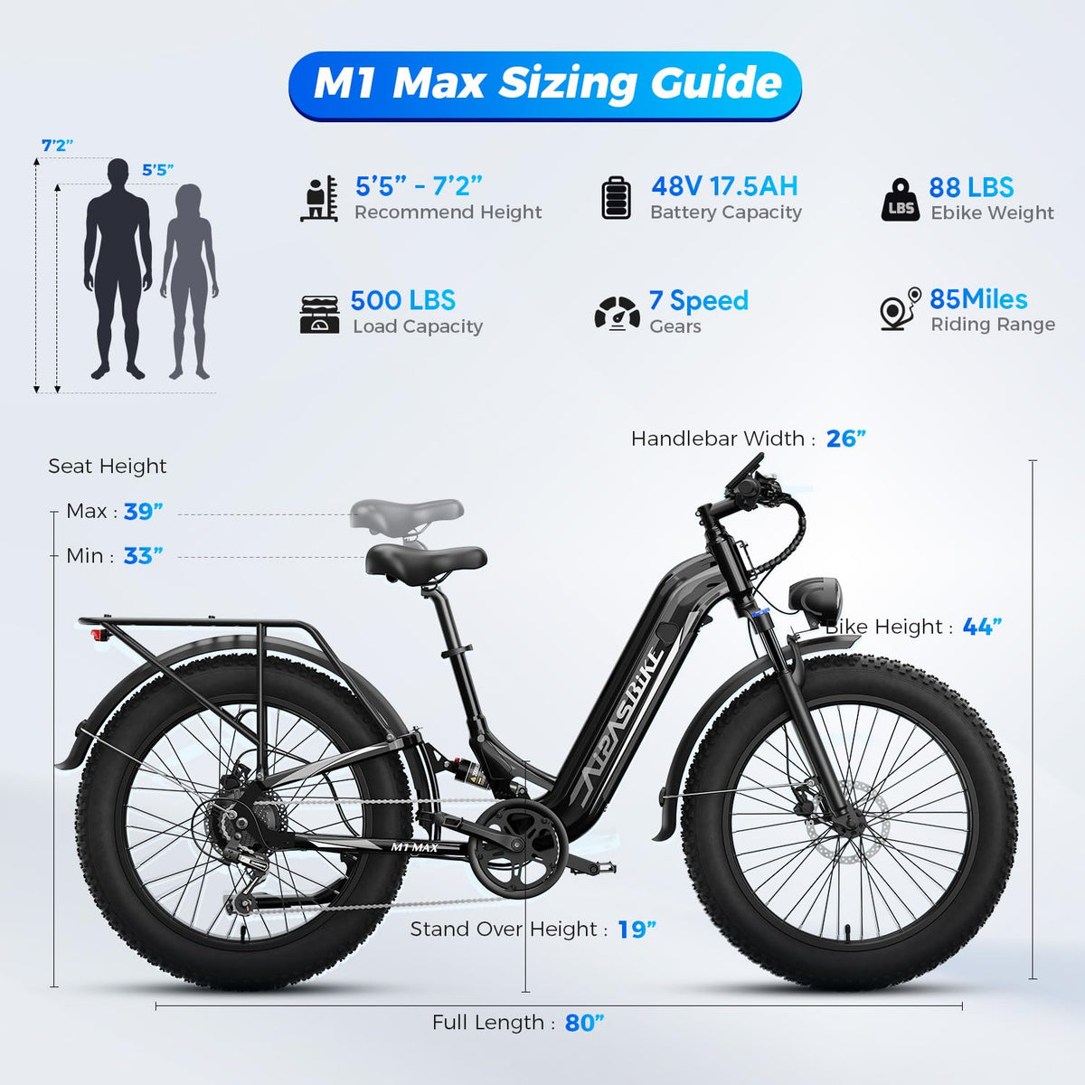 Aipas M1 Max Electric Bike for Adults, 26"x4" Fat Tire Ebike Air Suspension