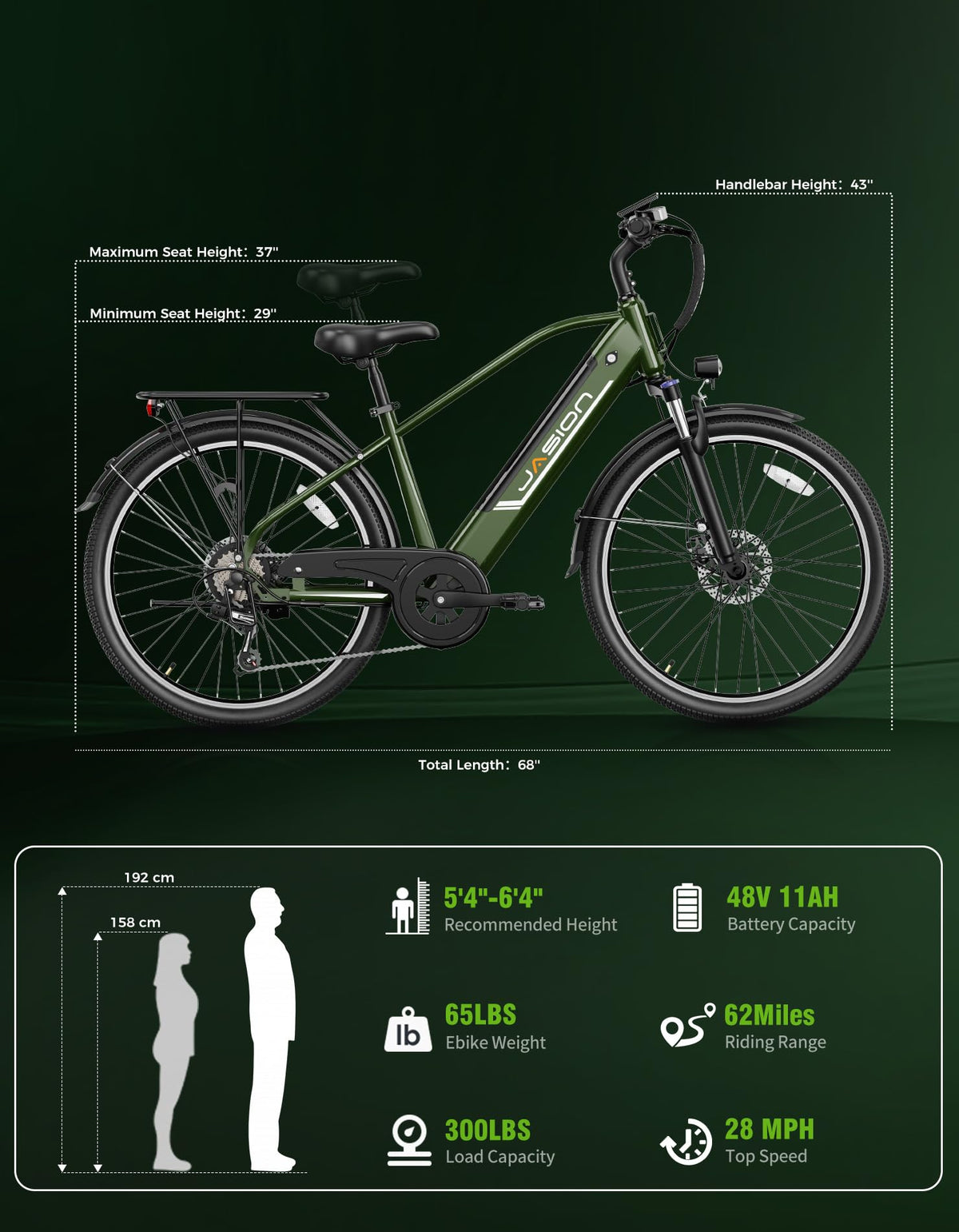 Jasion Roamer/ST Electric Bike for Adults, 26'' Commuter Ebike 1200W 528WH Removable Battery