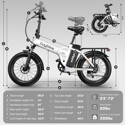 EUYBIKE Foldable Electric Bike for Adults, 48V 20Ah Removable Battery up to 80Miles, 20" Fat Tire 1000W Dirt Ebike