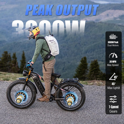 BIGUODIR 3000W Peak AWD Dual Motor Electric Bike for Adults Foldable