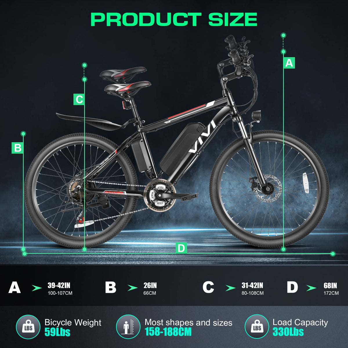 Vivi Electric Bike for Adults, Peak 750W Ebike 26" Electric Mountain Bike, 20MPH Adult Electric Bicycles Commuter Ebike with 48V Battery