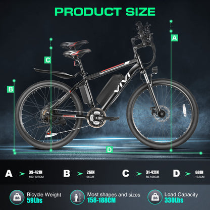 Vivi Electric Bike for Adults, Peak 750W Ebike 26" Electric Mountain Bike, 20MPH Adult Electric Bicycles Commuter Ebike with 48V Battery