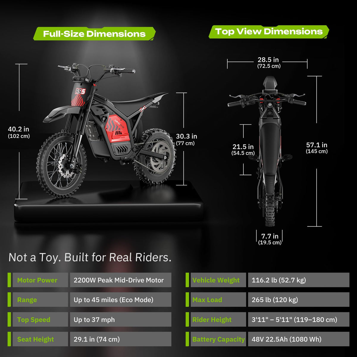 Windone RS5 Electric Dirt Bike for Teens & Adults (13+), Up to 37 MPH