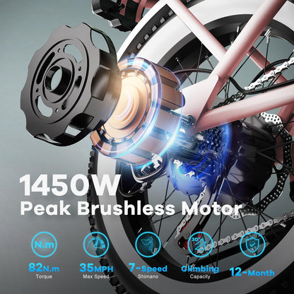 Electric Bike for Adults, 20"x 4" Fat Tire Ebike, 1450W Peak Bike with 48V 20AH Removable Battery