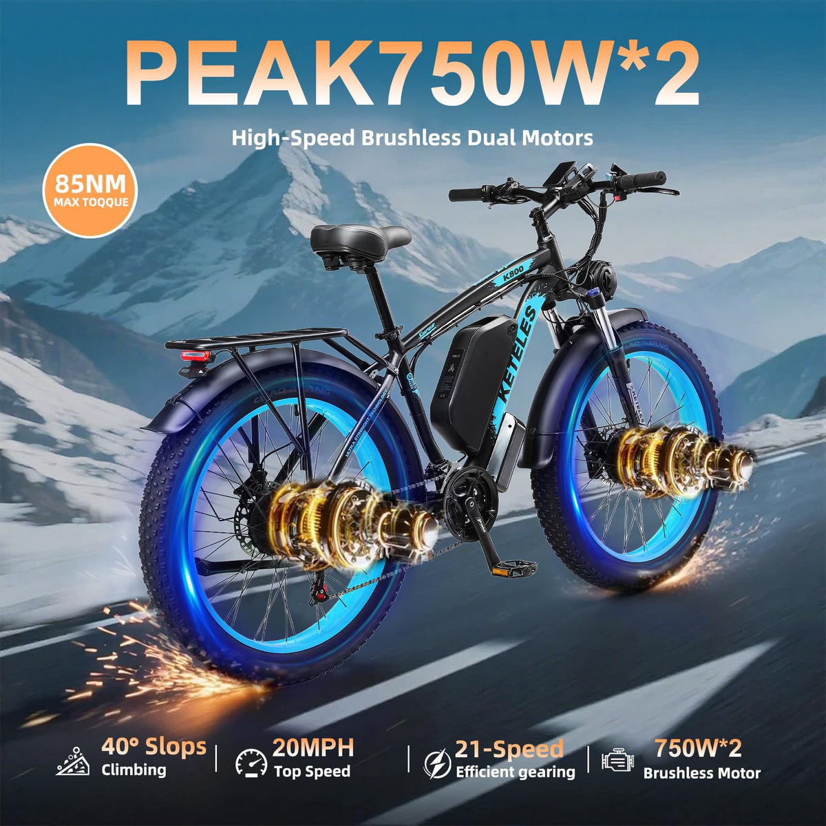 KETELES Ebikes for Adults, AWD Dual Motor Ebike, 26'' Fat Tire Peak 750W E-Bike with 48V 22.4AH Battery