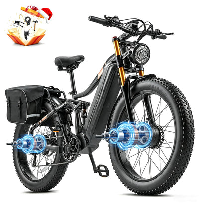 BIGUODIR 3000W Peak AWD Dual Motor Electric Bike for Adults Foldable