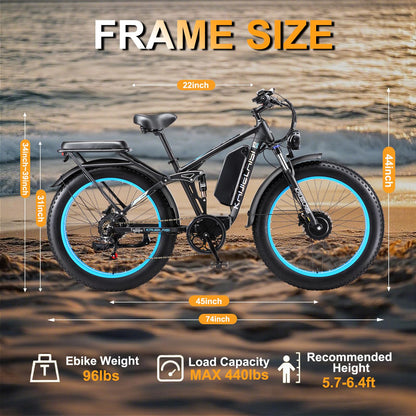 KETELES Ebikes for Adults, AWD Dual Motor Ebike Peak 6000W 26” Electric Bike Fat Tire