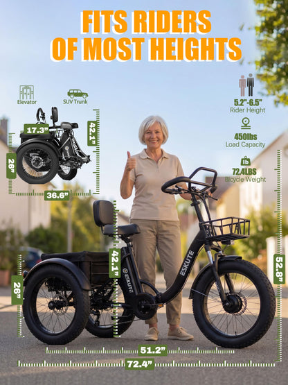 ESKUTE T300 Pro Electric Trike for Adults, 998.4Wh Long-Range Battery, 1200W Peak Motor, 20"x4.0" Fat Tires