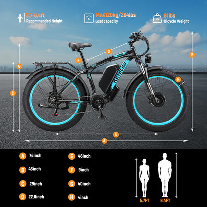 KETELES Ebikes for Adults, AWD Dual Motor Ebike, 26'' Fat Tire Peak 750W E-Bike with 48V 22.4AH Battery