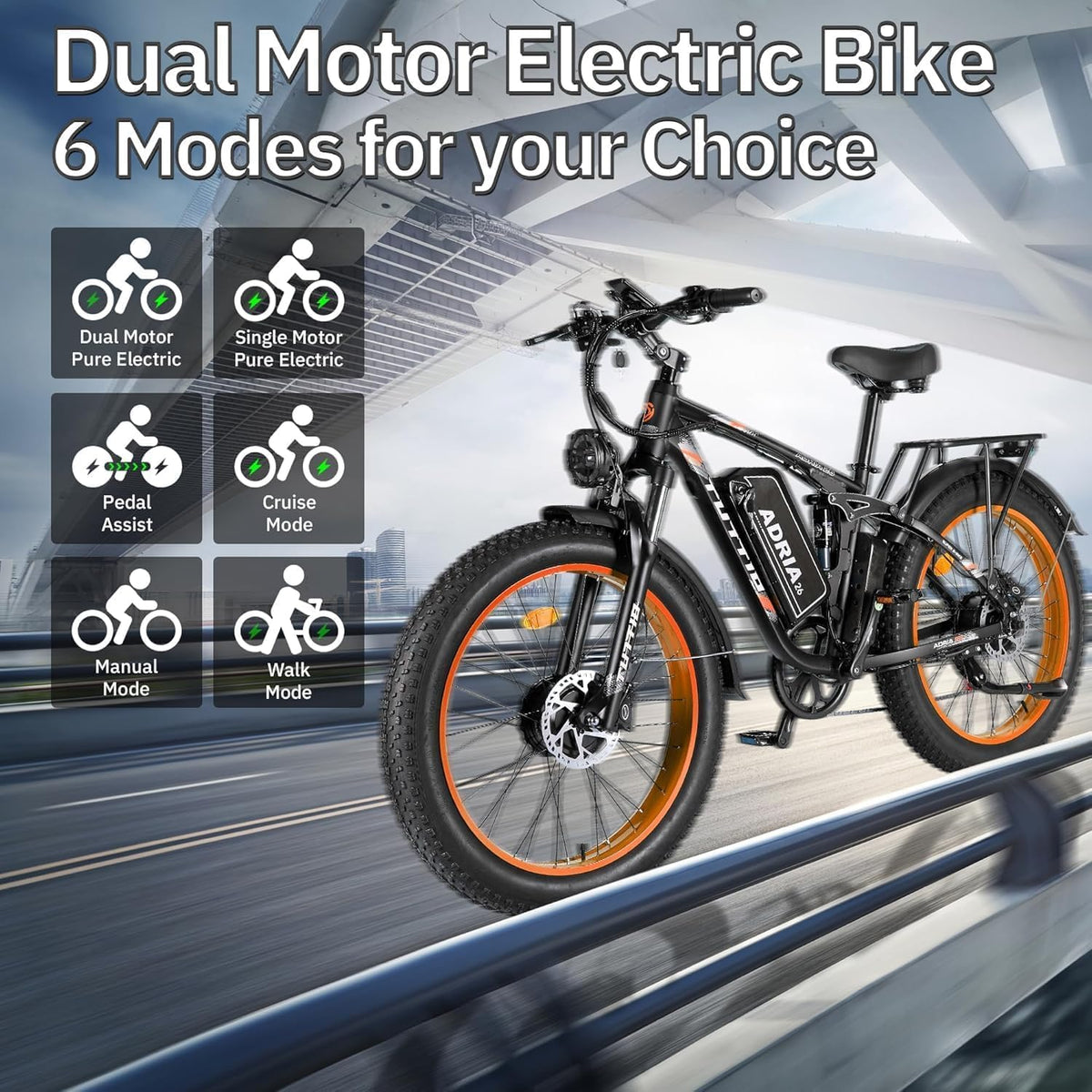 Adria26 Peak 5000W/6000W Dual Motor Ebike, 40-46MPH Electric Bike for Adults, 26" x 4" Fat Tire Electric Mountain Bike