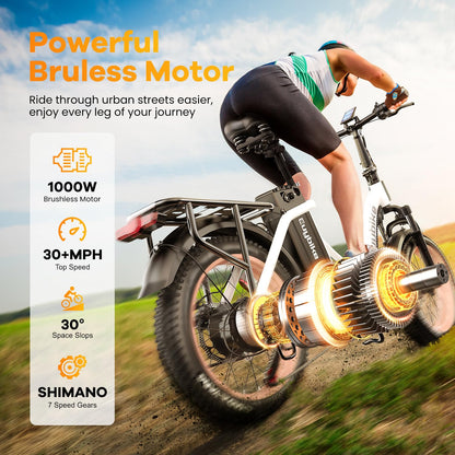 Folding Electric Bike for Adults with 1000W Peak Motor, 48V 20AH Battery up to 80 Miles, 20" Fat Tire All Terrain Ebike