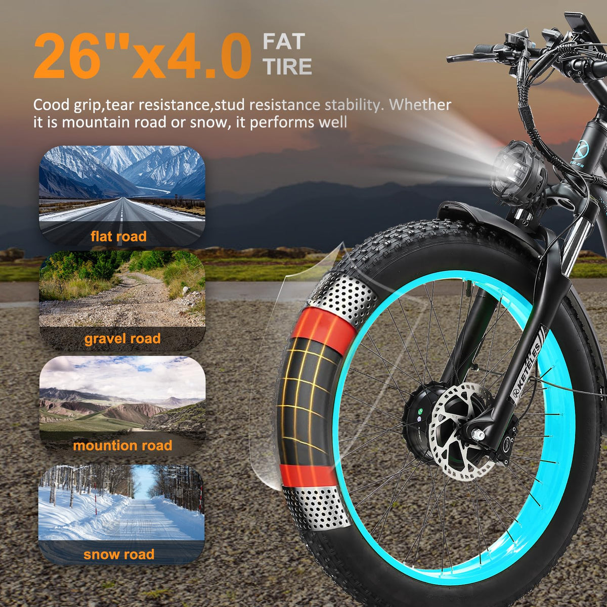 KETELES Ebikes for Adults, AWD Dual Motor Ebike, 26'' Fat Tire Peak 750W E-Bike with 48V 22.4AH Battery