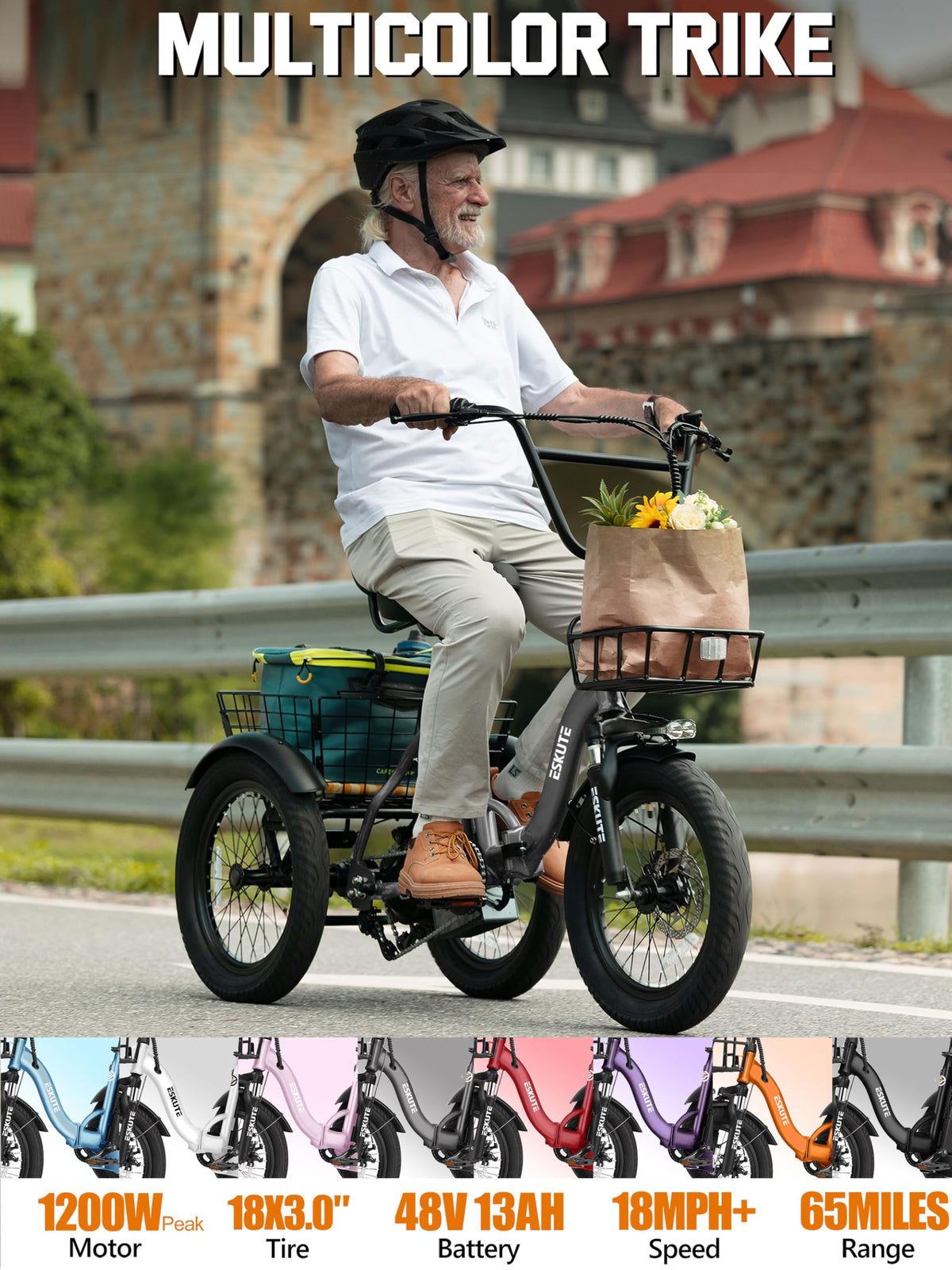ESKUTE E Trike Electric Bike, Peak 1200W Brushless Motor Folding Trike 18X3.0 Fat Tire Ebike, 624Wh Battery