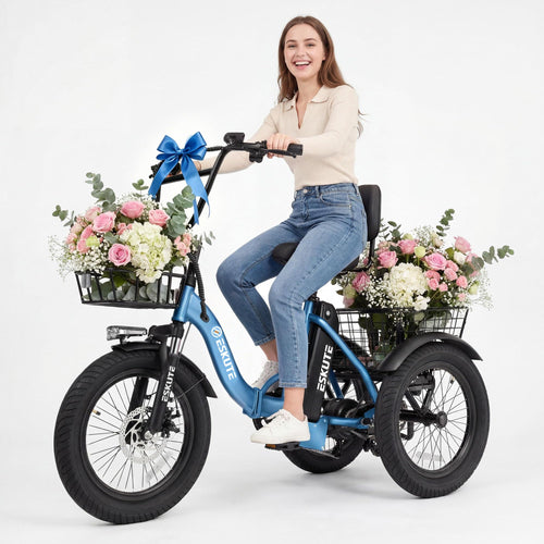 ESKUTE E Trike Electric Bike, Peak 1200W Brushless Motor Folding Trike 18X3.0 Fat Tire Ebike, 624Wh Removable Battery