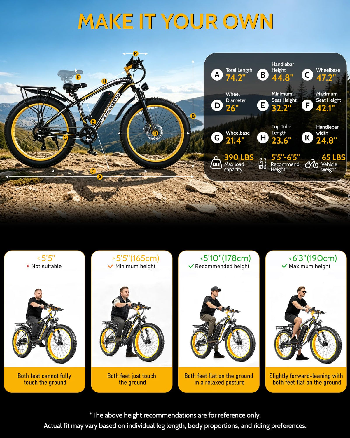 EOEOTWO Electric Bike for Adults, 26" Fat Tire Ebikes, 48V 15Ah