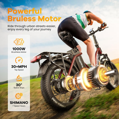 Folding Electric Bike for Adults with Peak 1000W Motor, 48V 20AH Battery up to 80 Miles, 20" Fat Tire All Terrain Ebike