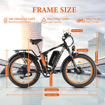 Adria26 Peak 5000W/6000W Dual Motor Ebike, 40-46MPH Electric Bike for Adults, 26" x 4" Fat Tire Electric Mountain Bike