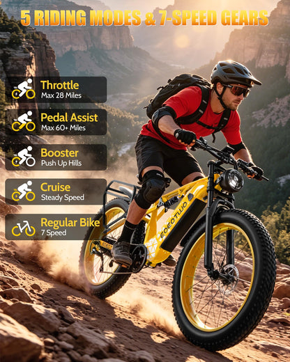 Electric Bike, 1500W Peak 28+ MPH 26" Fat Tire Electric Bicycle, 60+ Miles Off-Road E Bike for Adults