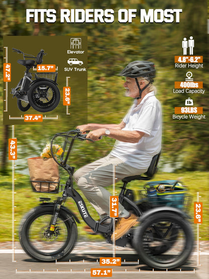 ESKUTE E Trike Electric Bike, Peak 1200W Brushless Motor Folding Trike 18X3.0 Fat Tire Ebike, 624Wh Battery