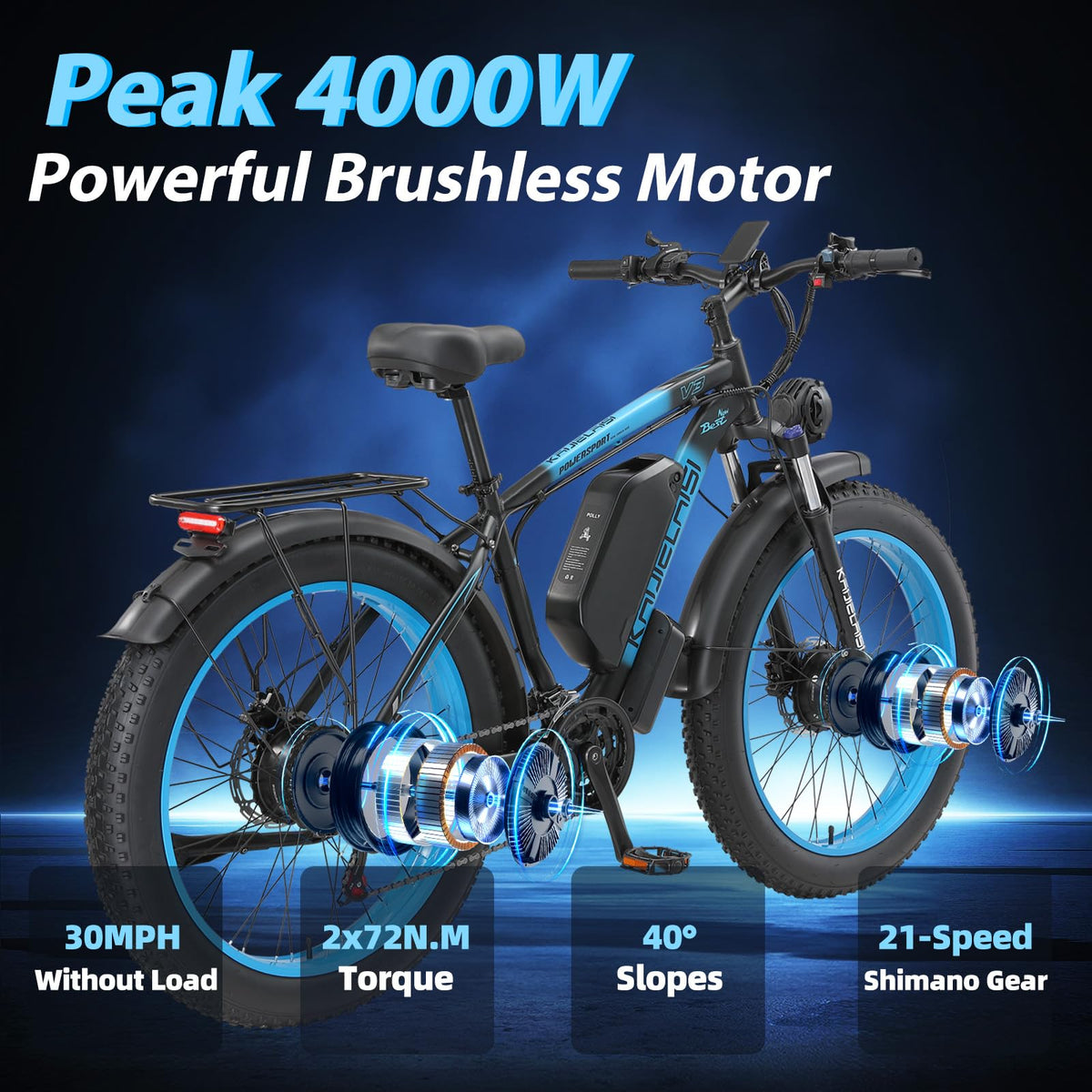 KAIJIELAISI Electric Bike for Adults AWD Ebike Dual Motor 4000W Peak 26'' Fat Tire Ebikes with 48V 22.4AH Battery