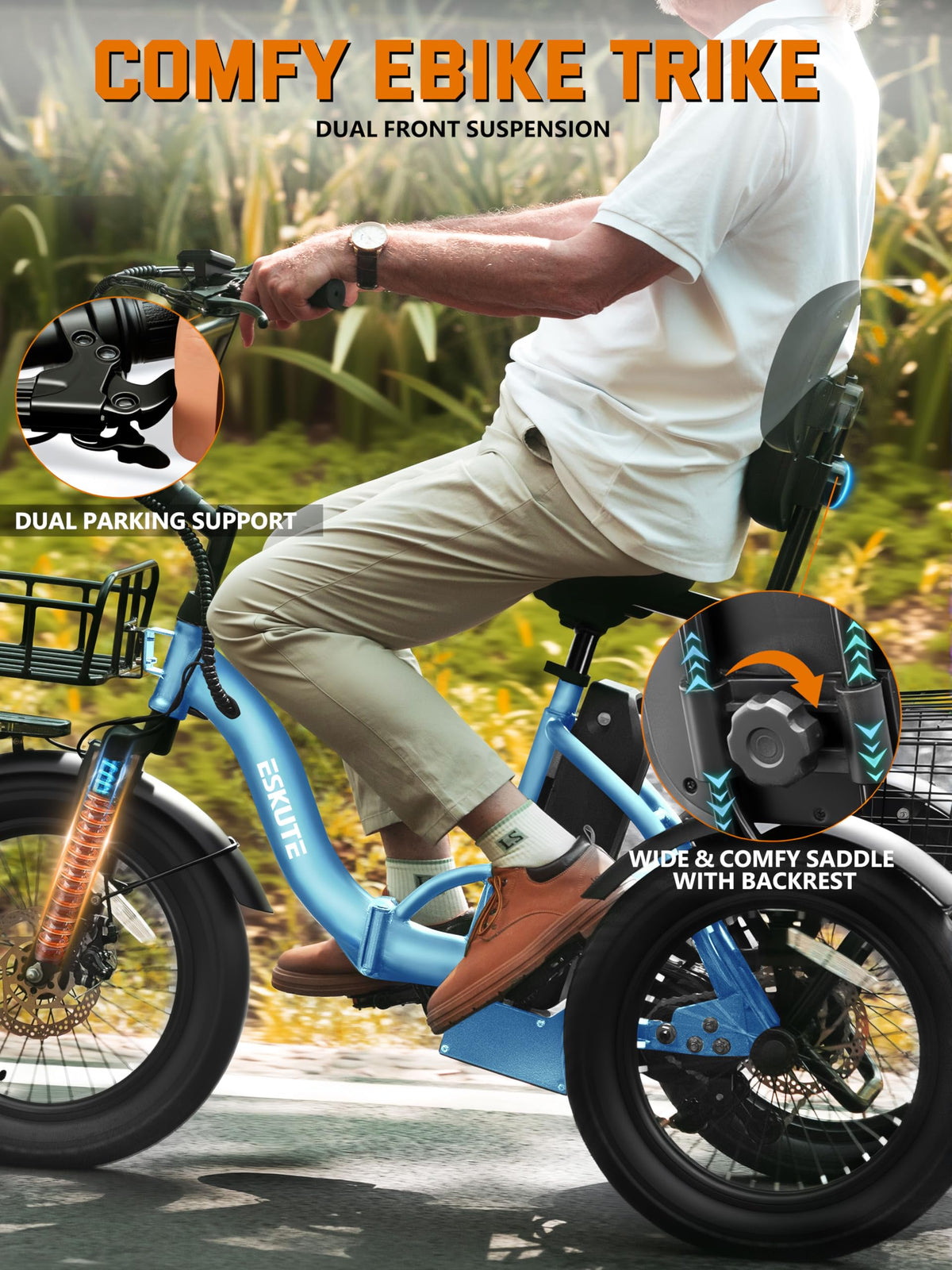 ESKUTE E Trike Electric Bike, Peak 1200W Brushless Motor Folding Trike 18X3.0 Fat Tire Ebike, 624Wh Removable Battery