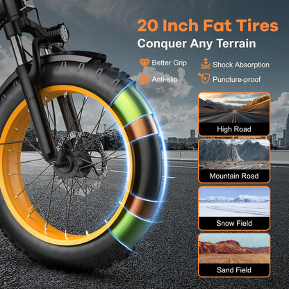 Folding Electric Bike for Adults with Peak 1000W Motor, 48V 20AH Battery up to 80 Miles, 20" Fat Tire All Terrain Ebike