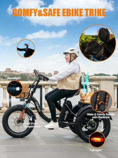 ESKUTE T300 Pro Electric Trike for Adults, 998.4Wh Long-Range Battery, 1200W Peak Motor, 20"x4.0" Fat Tires
