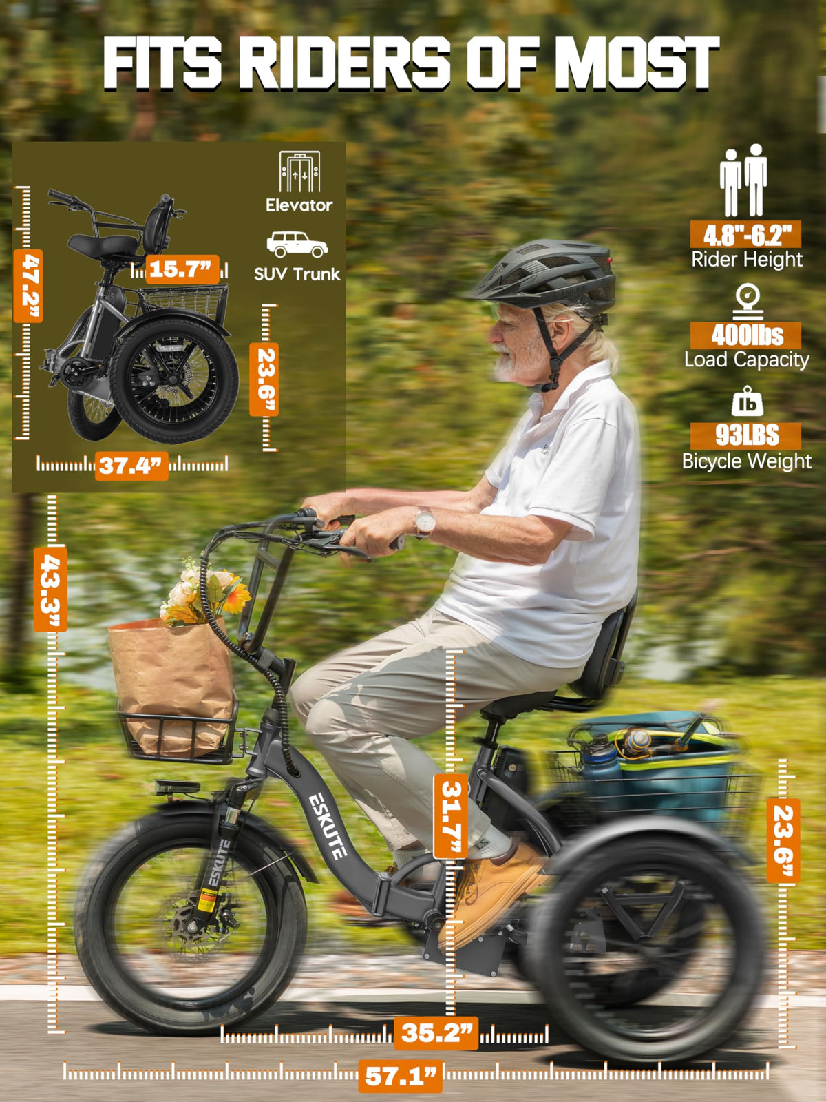 ESKUTE E Trike Electric Bike, Peak 1200W Brushless Motor Folding Trike 18X3.0 Fat Tire Ebike, 624Wh Battery