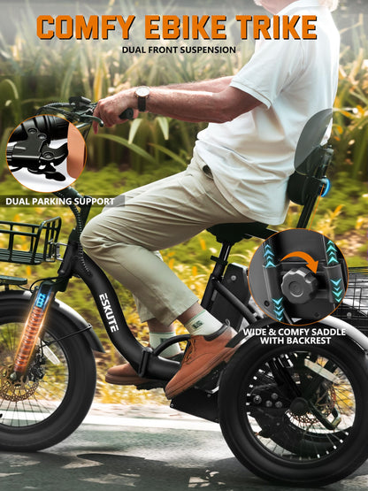 ESKUTE E Trike Electric Bike, Peak 1200W Brushless Motor Folding Trike 18X3.0 Fat Tire Ebike, 624Wh Battery
