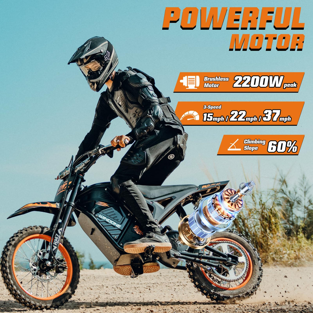 Windone RM7 Electric Dirt Bike for Teens & Adults, 37MPH Max, 1080WH